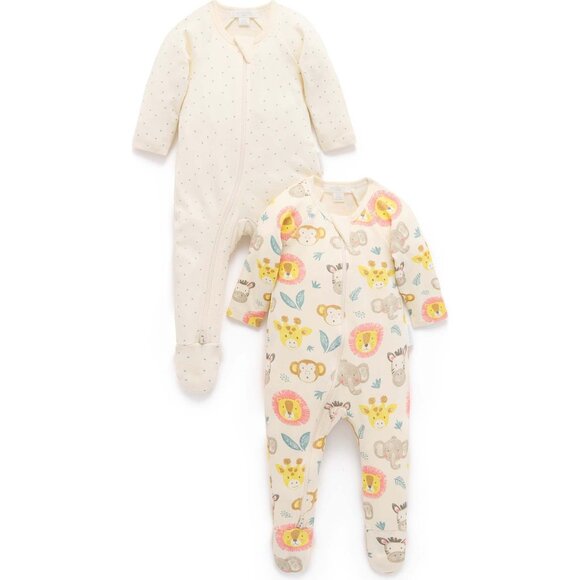 Purebaby Other - Purebaby 2 Pack Printed Zip Footie Savanna Friends Print Footie Pajamas